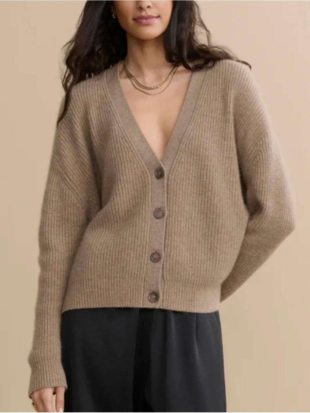 Jenni Kayne Womens Beige Rib-Knit V-Neck Button Cardigan Sweater XS oversized